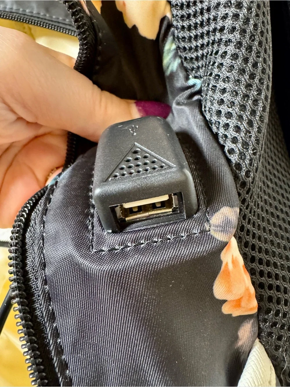 Floral USB Charging Tech Backpack Black with Peach Roses